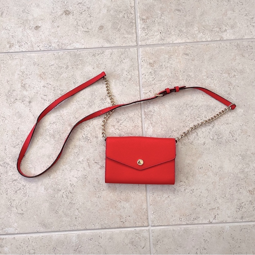 Michael Kors Cherry Red Mini Crossbody Bag with Gold Chain Everyday Casual Purse - Picture 2 of 12